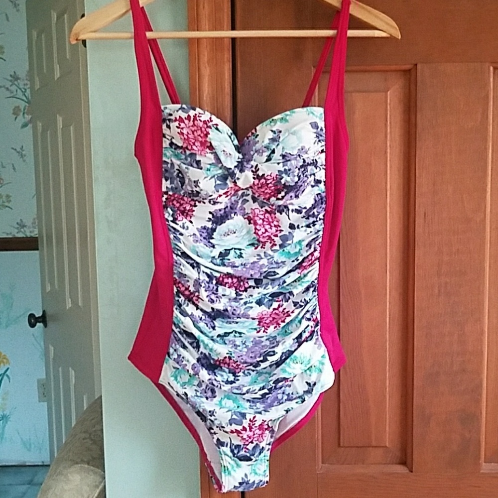 Cranberry Pink Floral Ruched One Piece Swimsuit